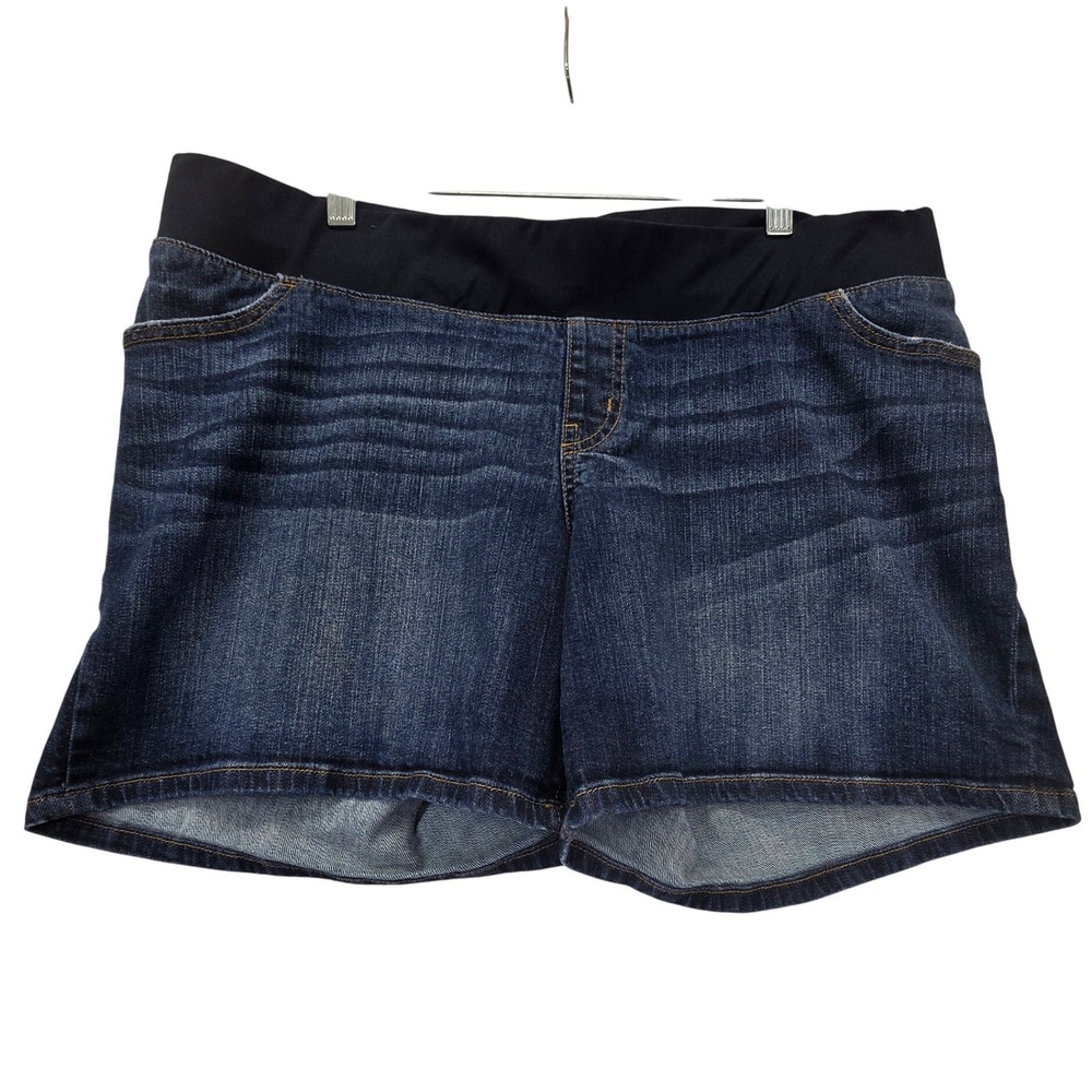 Liz Lange Maternity Denim Shorts XL Dark Wash Knit Belly Panel Pull On Baby Bump